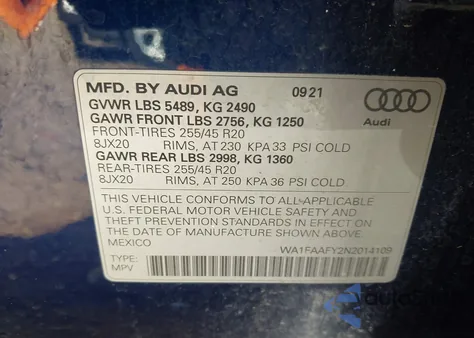 2022 Audi Q5 Prestige 45 Tfsi S Line Quattro S Tronic из США, поврежденный, VIN WA1FAAFY2N2014109